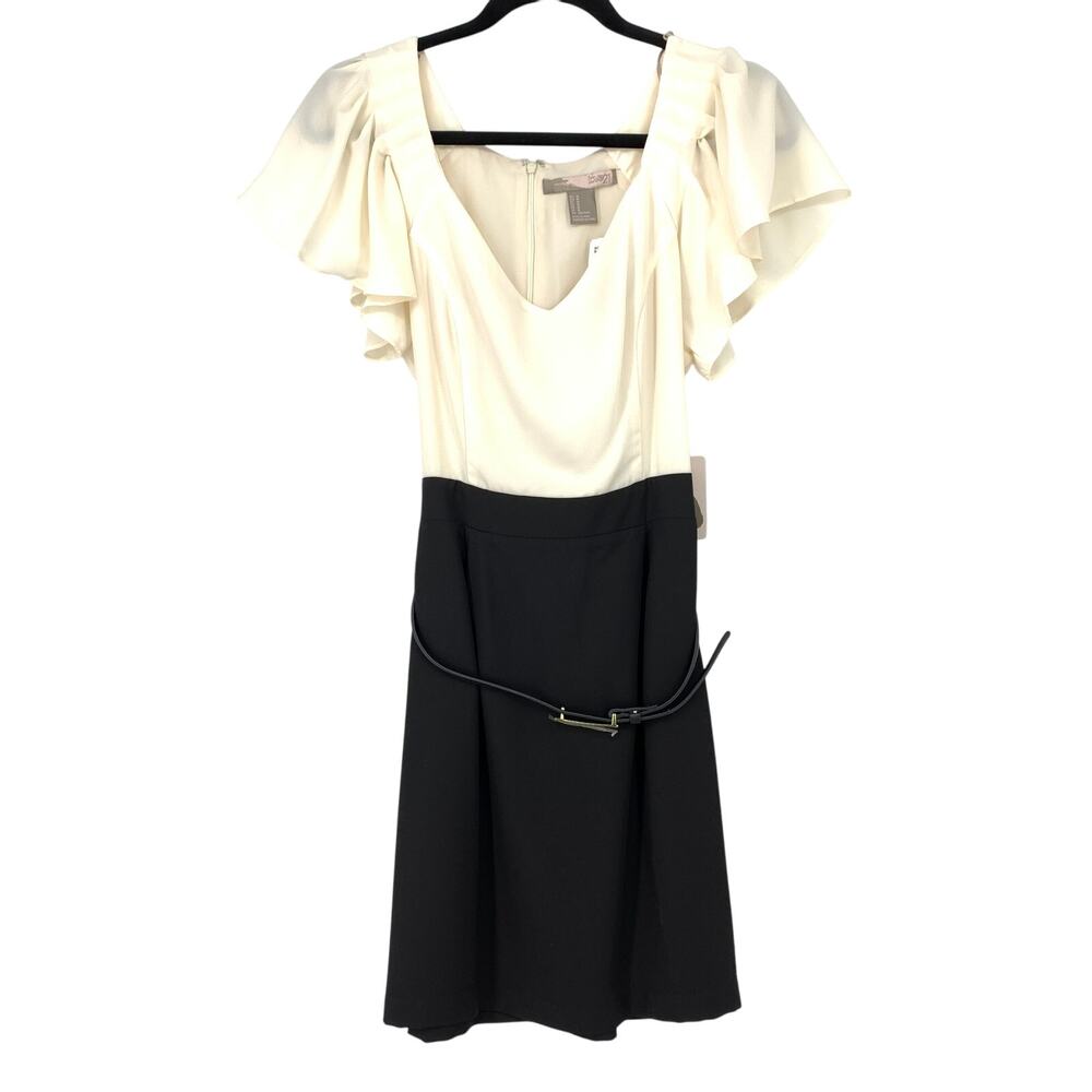 Y2K Love 21 Cream Black Belted Mini Dress Womens Sz M Flutter Sleeves NEW